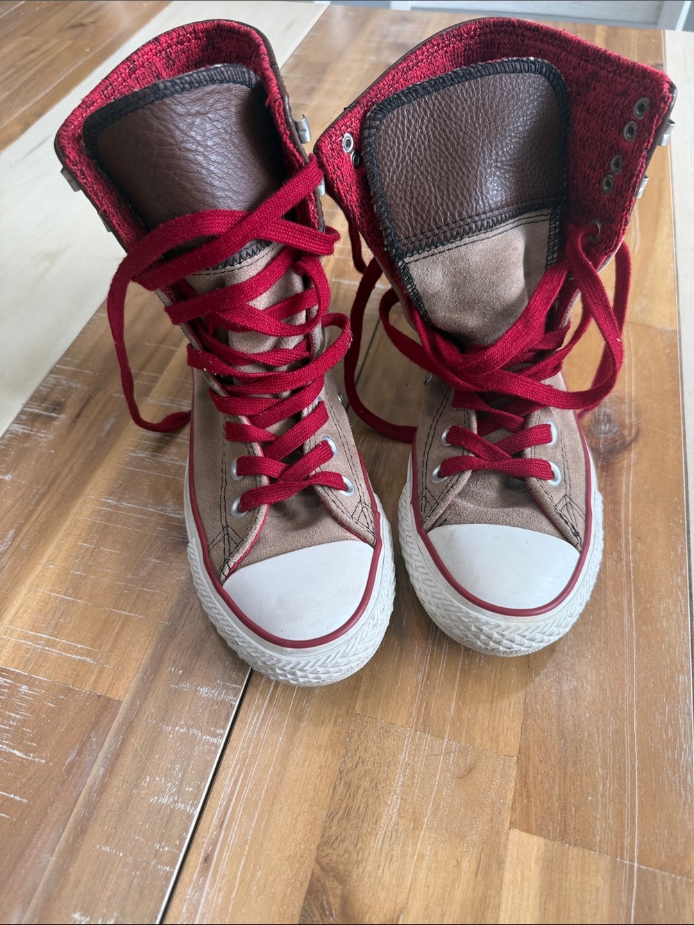 High-Top Canvas Sneakers in Brown with Red Accents